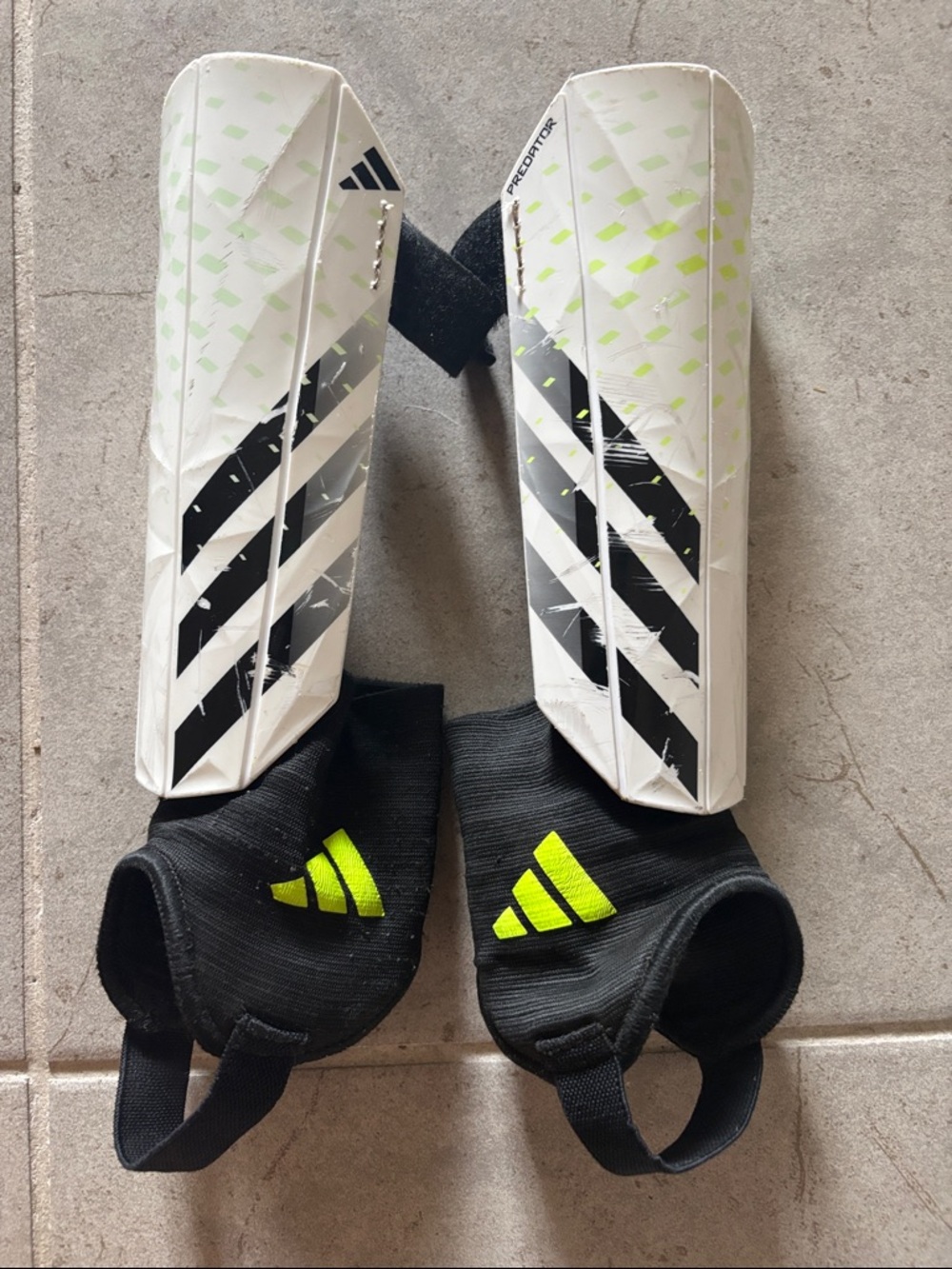 adidas White and Neon Yellow Soccer Shin Guards with Black Ankle Sleeves YOUTH